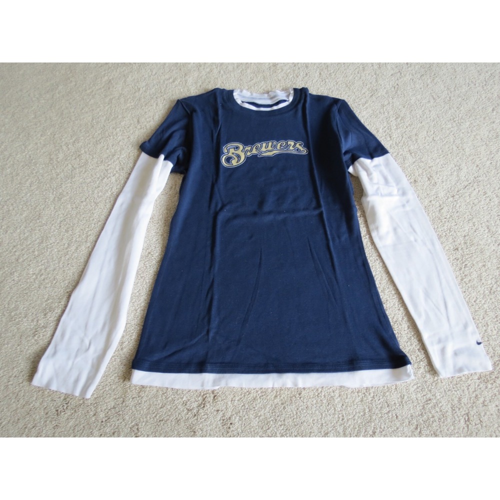 Nike MLB Milwaukee Brewers Women Long Sleeve T-Shirt Blue White Size Large